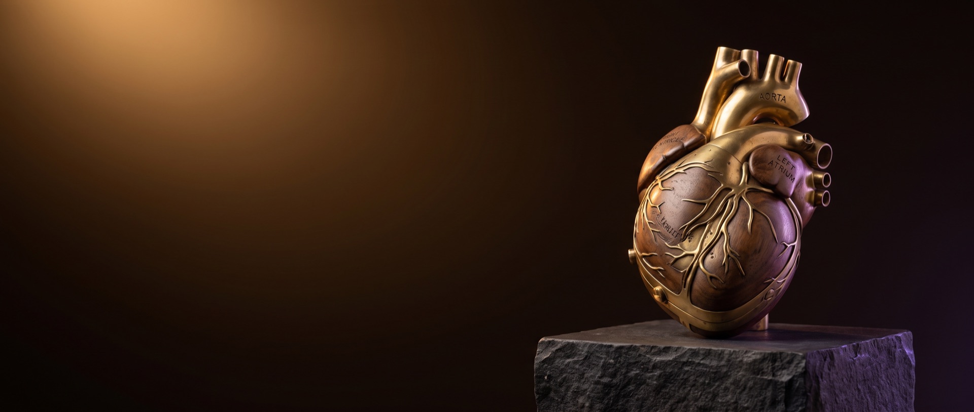 A brass and walnut anatomical model of the human heart used as a visual teaching object