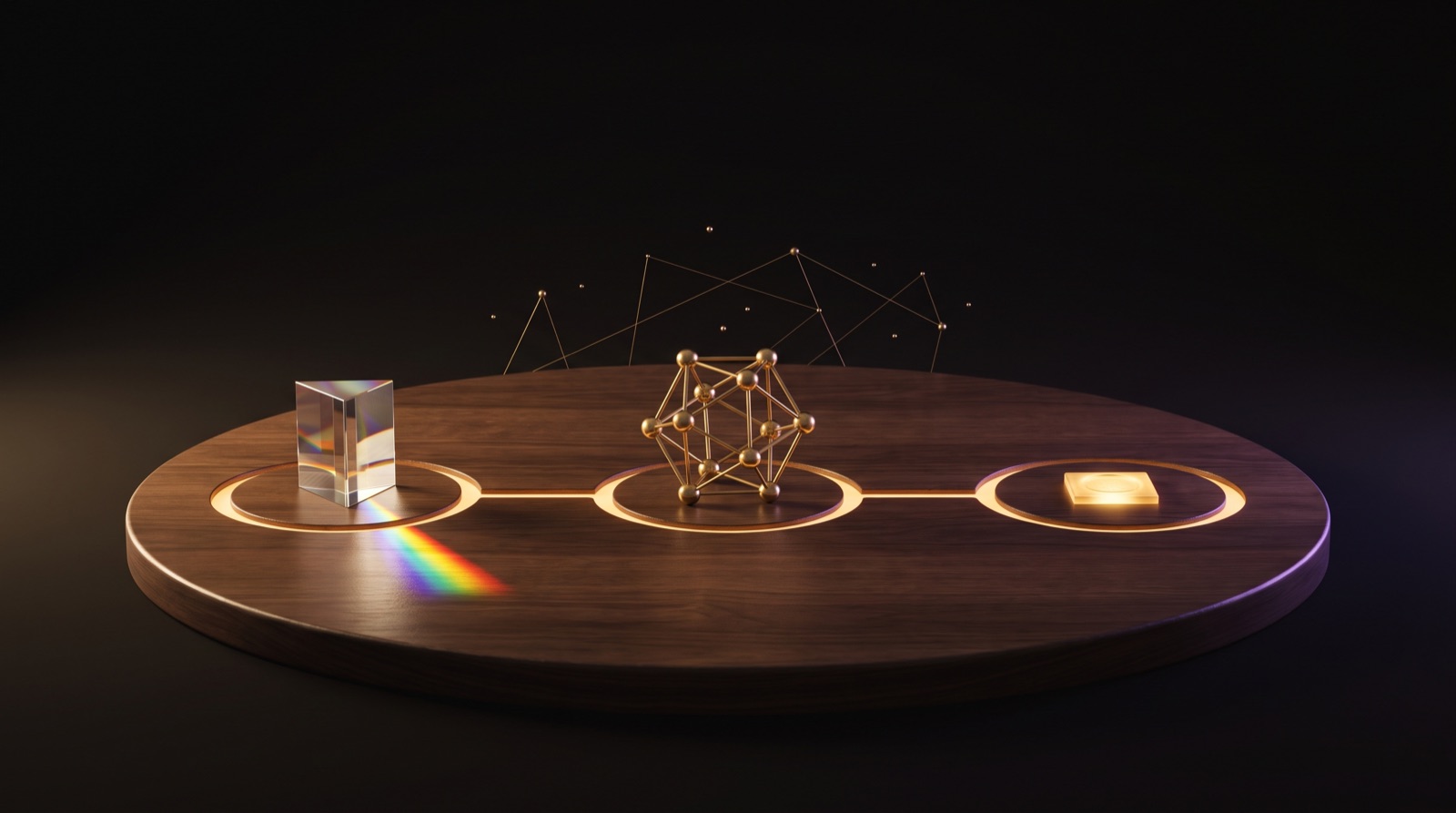 A prism, a brass concept lattice, and an illuminated proof tile connected across a circular walnut learning surface